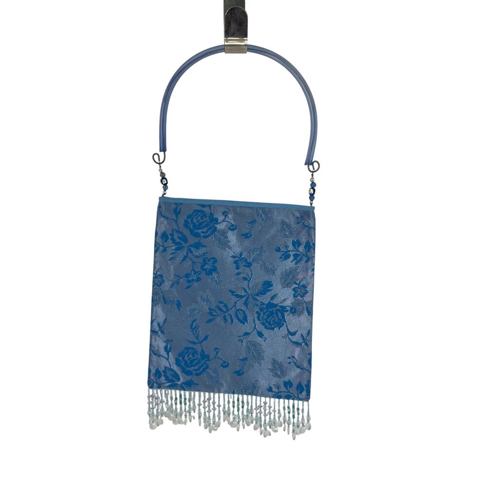 Periwinkle Blue Silk Brocade Evening Bag with Beaded Fringe